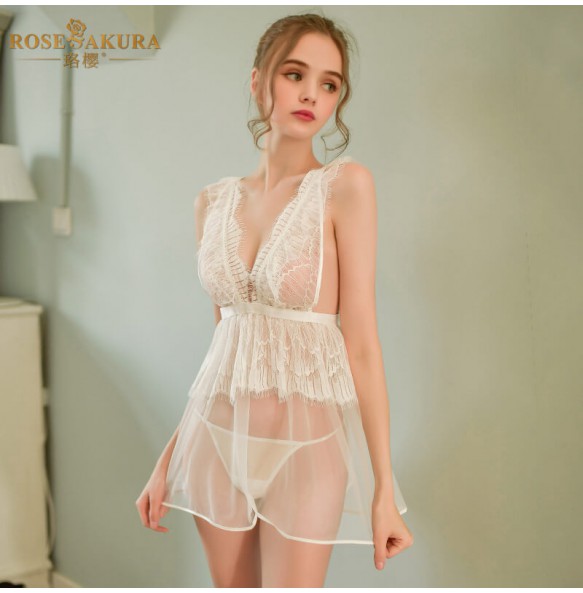 FEE ET MOI Sexy Backless Lace Seethrough Body Sleepwear (White)